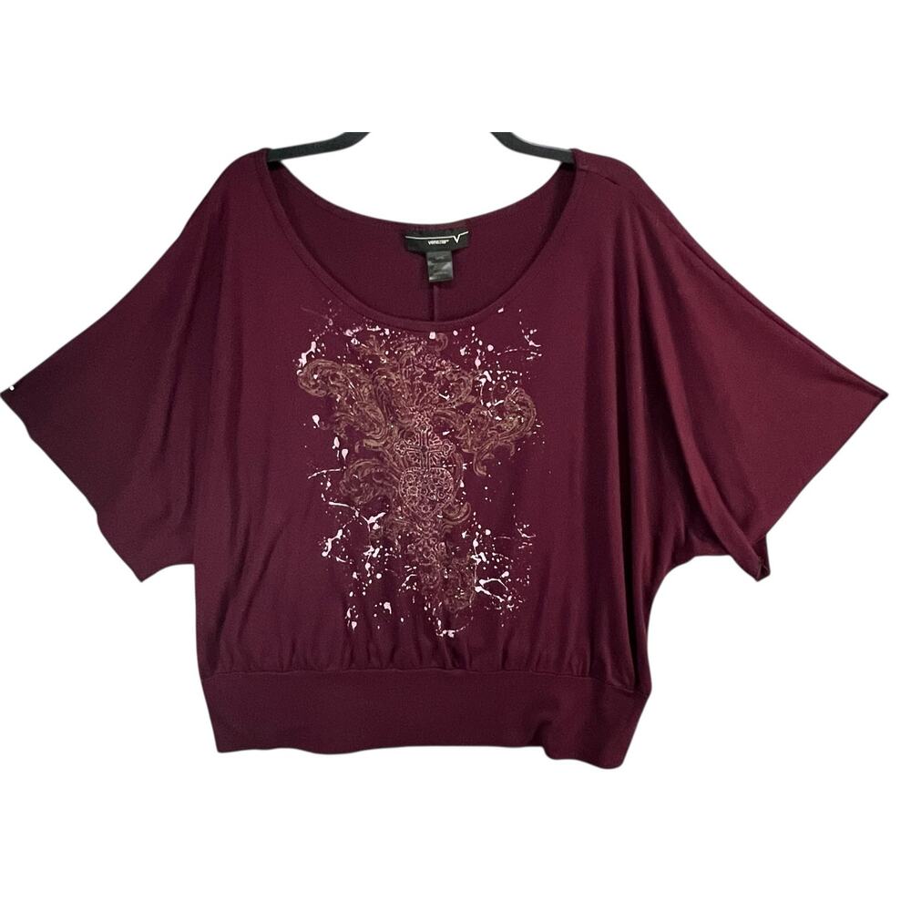 Y2K Venezia Top 14-16 Burgundy Abstract Glitter Splatter Cross Whimsygoth Grunge